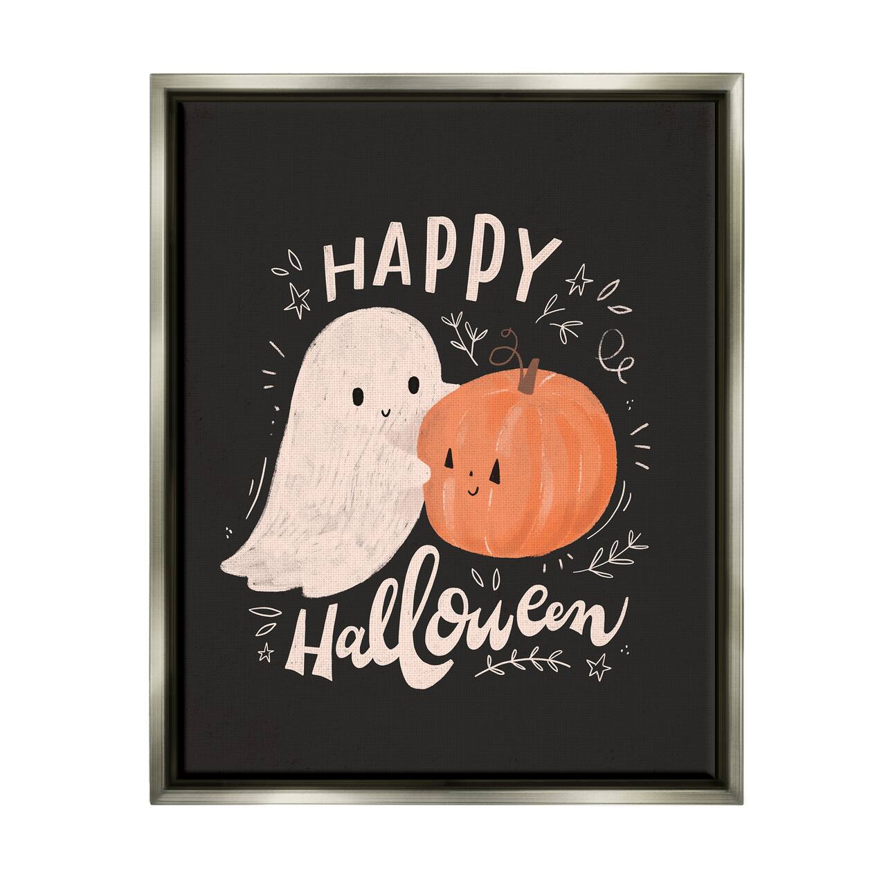Stupell Industries Happy Halloween Smiling Ghost Pumpkin Framed Floater Canvas Wall Art